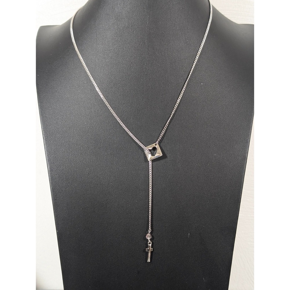 Silver Tone Heart‎ Cross Lariat Necklace Pink Glass Bead Boho 23"